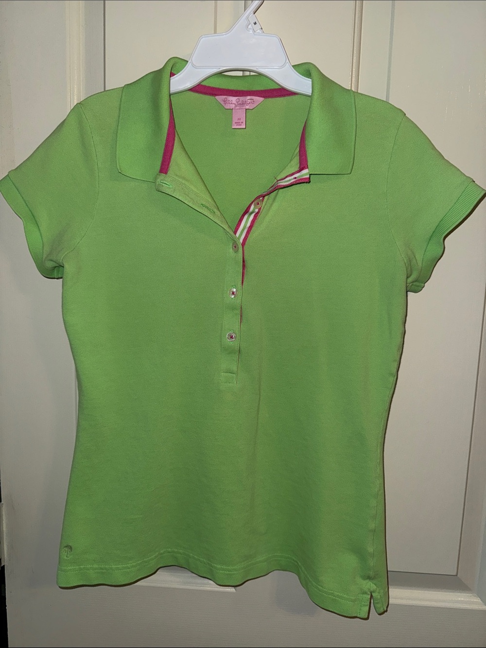 Lilly Pulitzer Lime Green Short Sleeve Polo with Pink Trim size medium